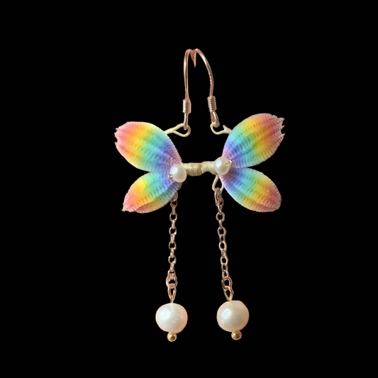 Handmade Ronghua Rainbow Butterfly Drop Earrings | Mulberry Silk Velvet Wings with Freshwater Pearl
