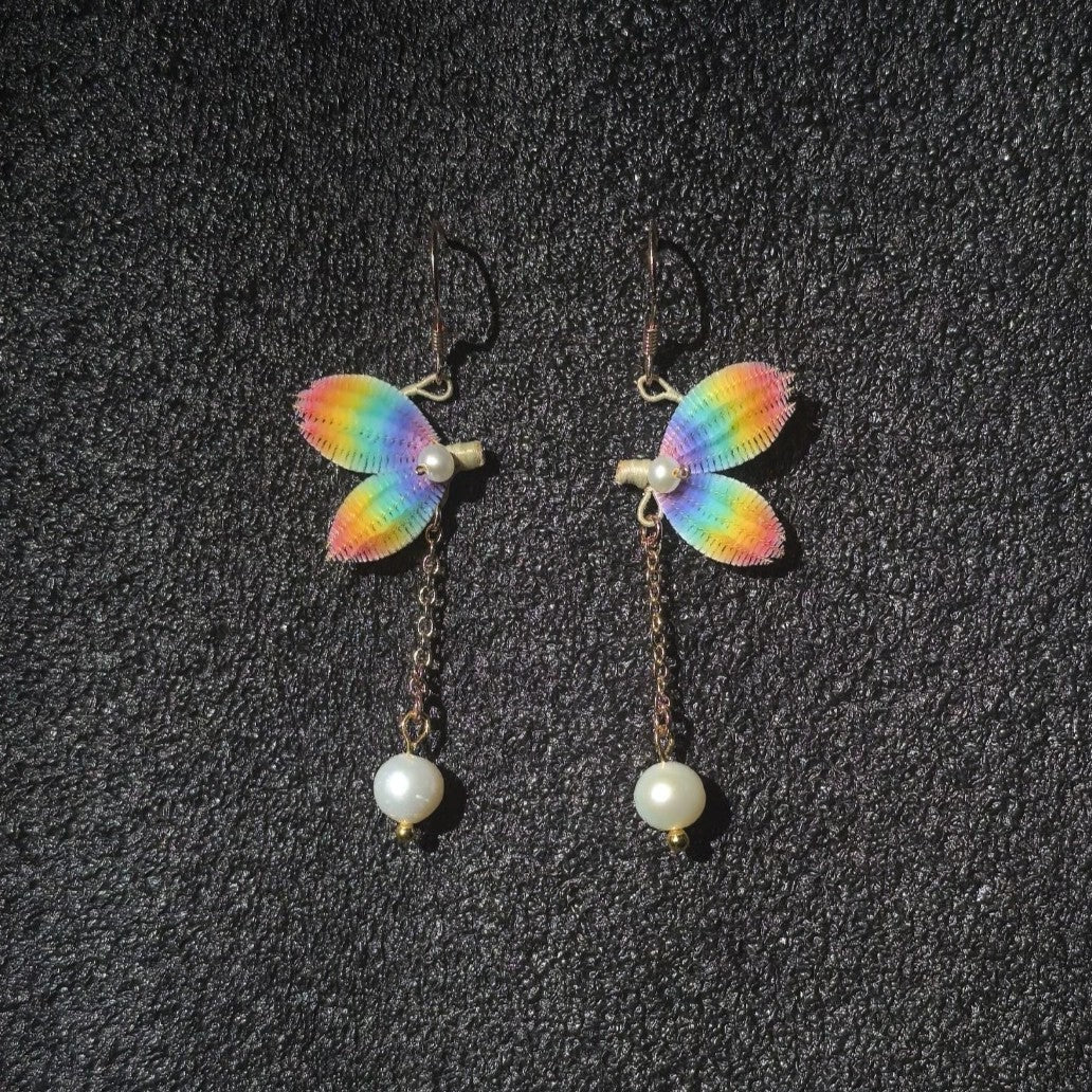 Handmade Ronghua Rainbow Butterfly Drop Earrings | Mulberry Silk Velvet Wings with Freshwater Pearl