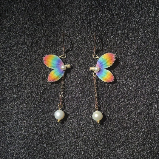 Handmade Ronghua Rainbow Butterfly Drop Earrings | Mulberry Silk Velvet Wings with Freshwater Pearl