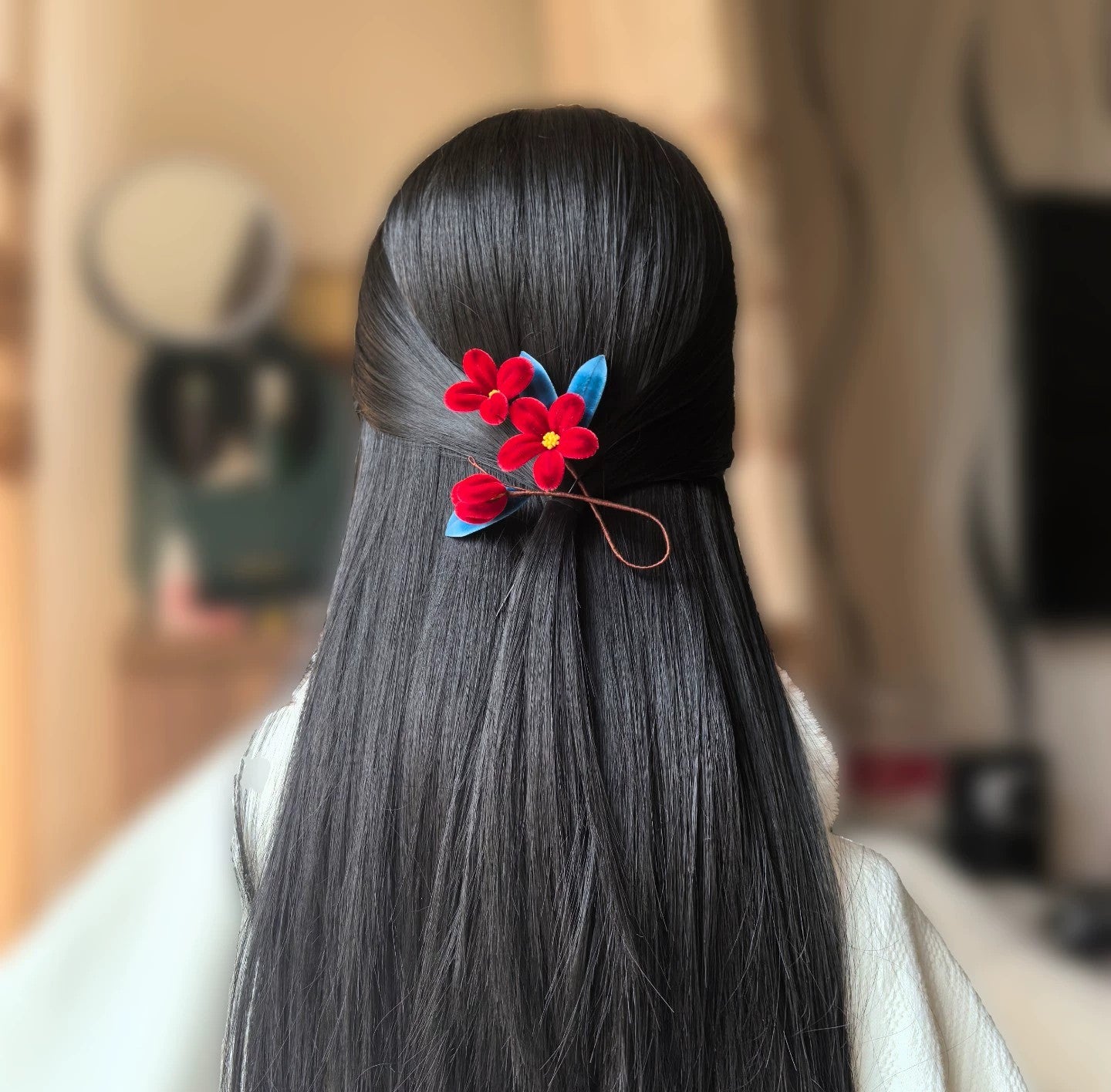 Handmade Ronghua red plum blossom hair stick worn in black hair – natural mulberry silk velvet mei flower hairpin