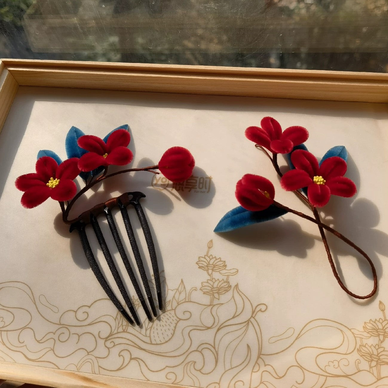 Handmade Ronghua Red Plum Blossom Hairpin | Mulberry Silk Velvet Mei Flower Headwear