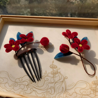 Handmade Ronghua Red Plum Blossom Hairpin | Mulberry Silk Velvet Mei Flower Headwear