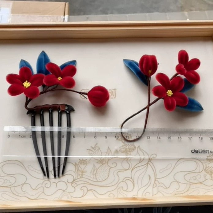 Handmade Ronghua Red Plum Blossom Hairpin | Mulberry Silk Velvet Mei Flower Headwear