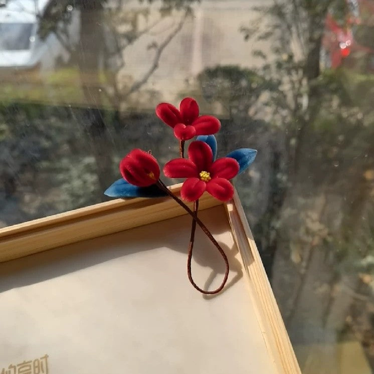 Handmade Ronghua Red Plum Blossom Hairpin | Mulberry Silk Velvet Mei Flower Headwear