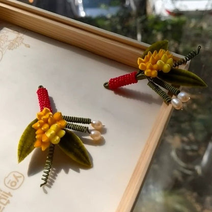 Handmade Ronghua Osmanthus Flower Brooch | Yellow Mulberry Silk Velvet Floral Brooch