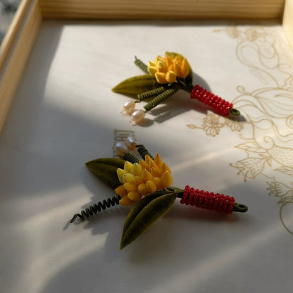 Handmade Ronghua Osmanthus Flower Brooch | Yellow Mulberry Silk Velvet Floral Brooch