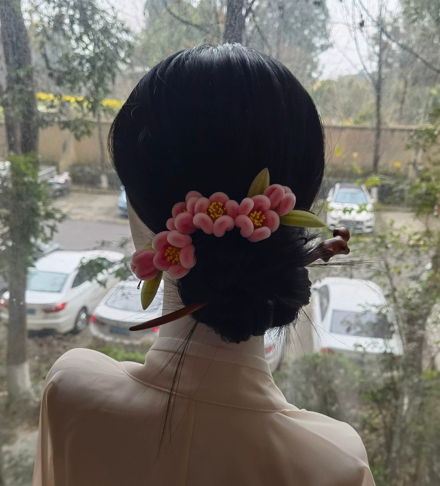 Handmade Ronghua Cherry Blossom Hairpin | Pink Mulberry Silk Velvet Sakura Headwear
