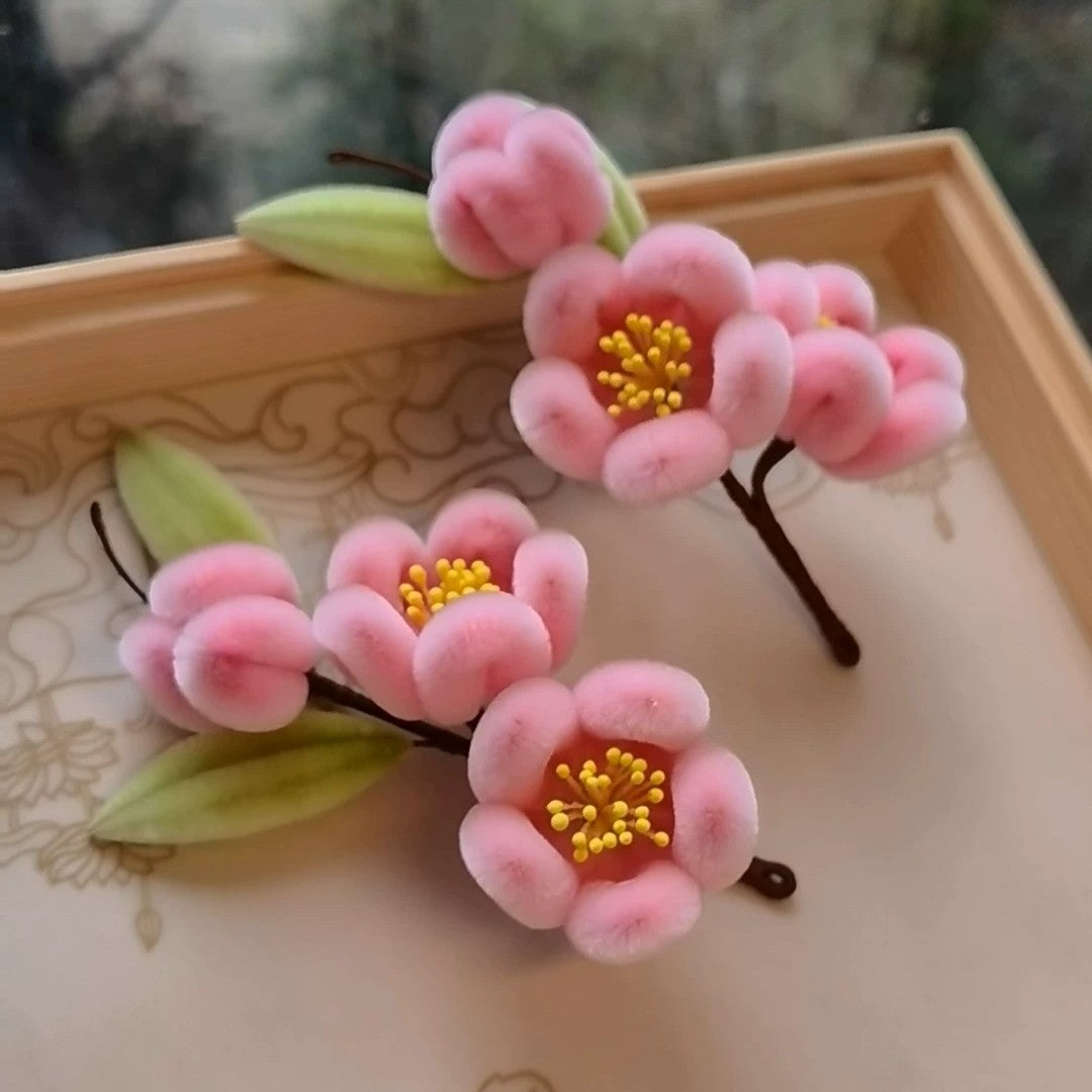 Handmade Ronghua pink cherry blossom hair stick – natural mulberry silk velvet sakura hairpin