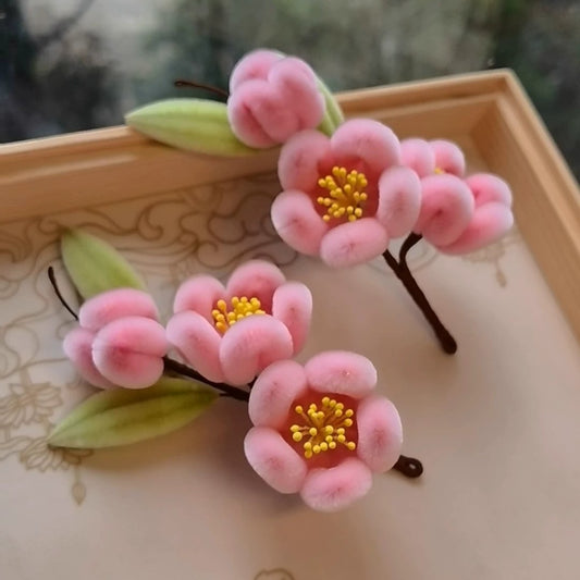Handmade Ronghua pink cherry blossom hair stick – natural mulberry silk velvet sakura hairpin