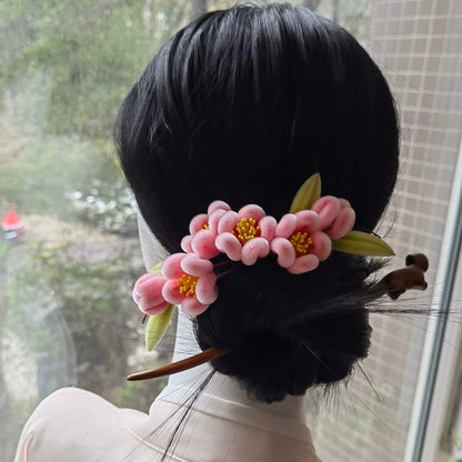 Handmade Ronghua Cherry Blossom Hairpin | Pink Mulberry Silk Velvet Sakura Headwear