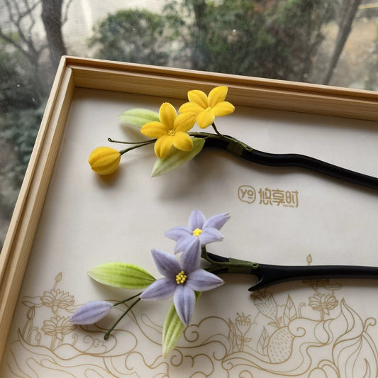 Handmade Ronghua Lily Hairpin | Purple & Yellow Mulberry Silk Velvet Flower Hairpins