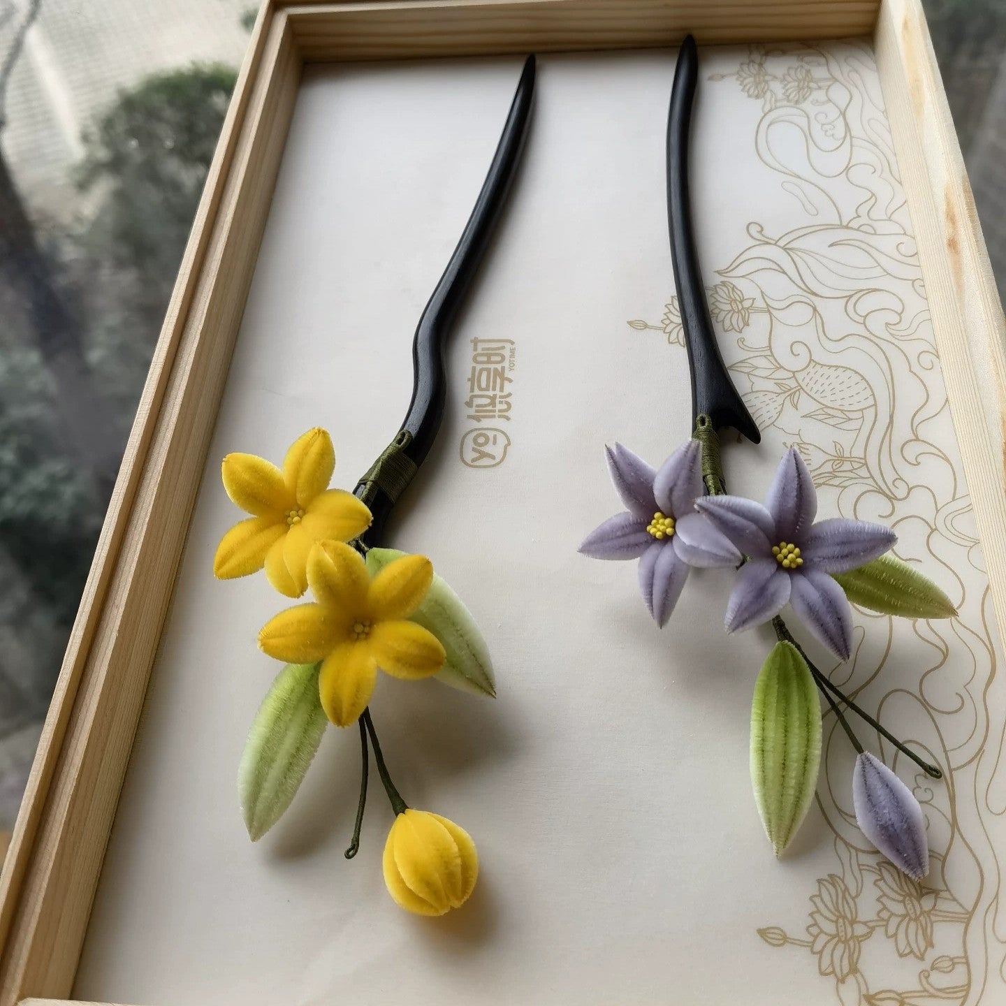 Handmade Ronghua Lily Hairpin | Purple & Yellow Mulberry Silk Velvet Flower Hairpins