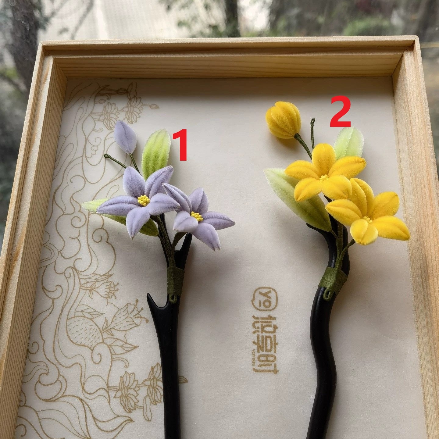 Handmade Ronghua Lily Hairpin | Purple & Yellow Mulberry Silk Velvet Flower Hairpins