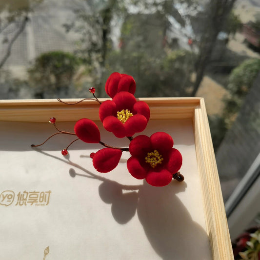 Handmade Ronghua deep red plum blossom hairpin – natural mulberry silk velvet mei flower
