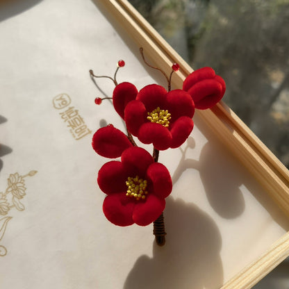 Handmade Ronghua Red Plum Blossom Hairpin | Deep Red Mulberry Silk Velvet Mei Flower Headwear