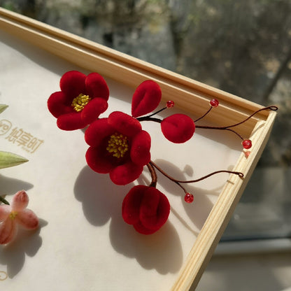 Handmade Ronghua Red Plum Blossom Hairpin | Deep Red Mulberry Silk Velvet Mei Flower Headwear