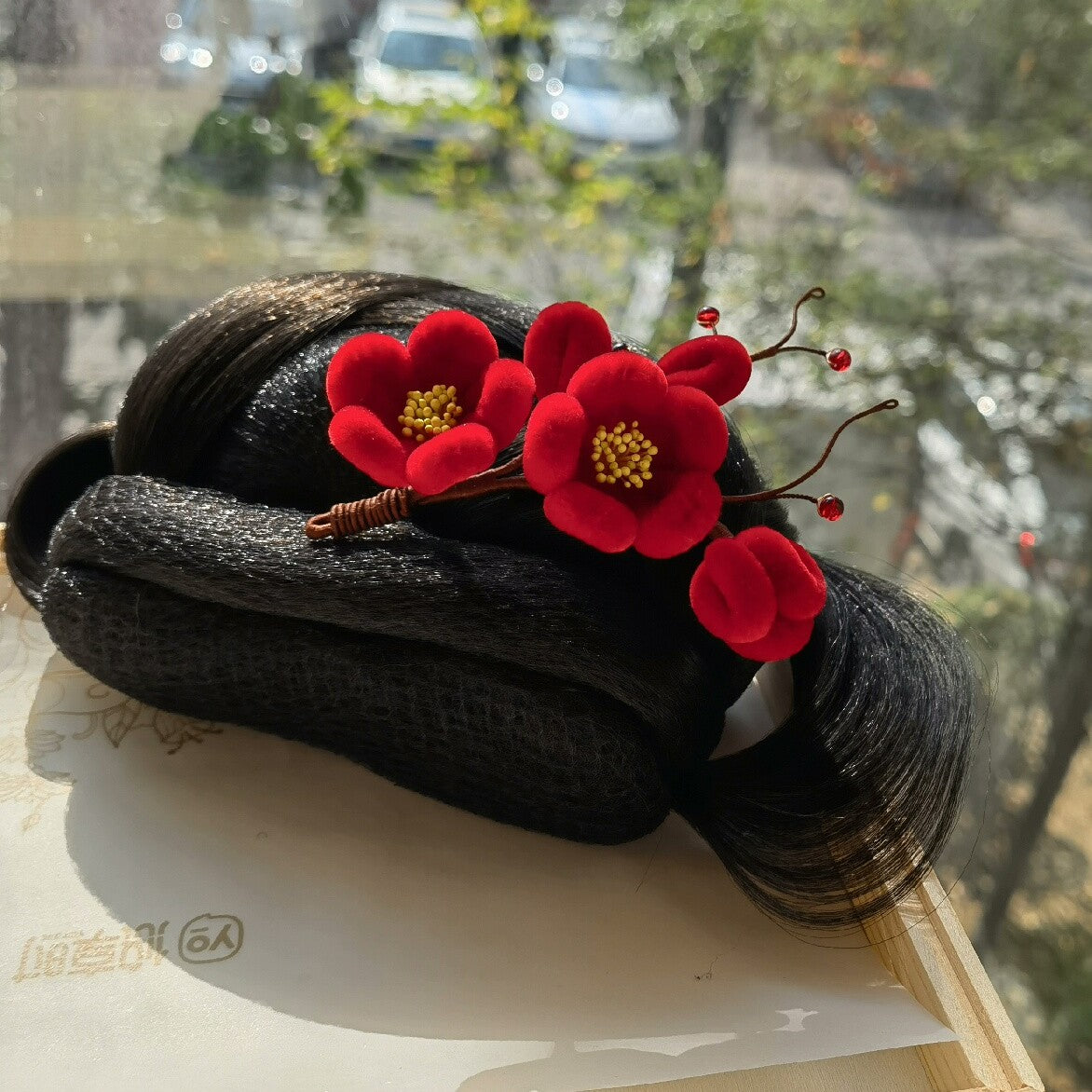 Handmade Ronghua Red Plum Blossom Hairpin | Deep Red Mulberry Silk Velvet Mei Flower Headwear