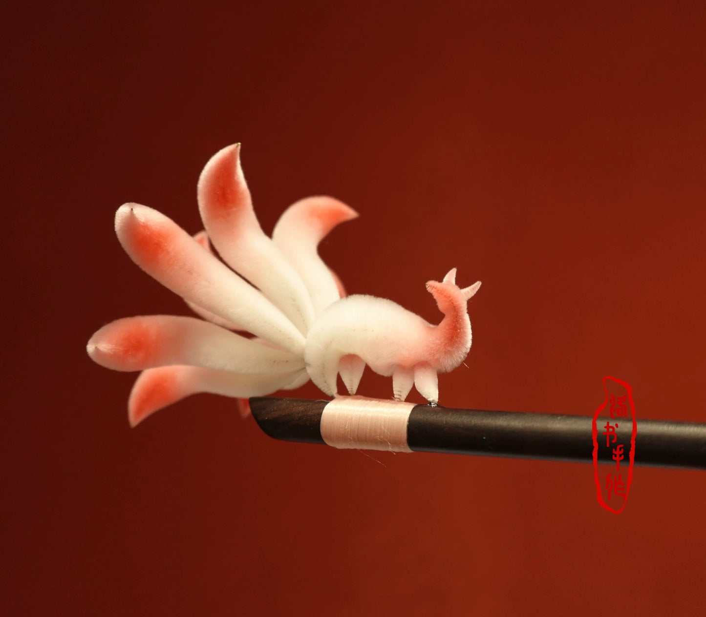 Handmade Ronghua nine-tailed fox hairpin – white-pink mulberry silk velvet fox spirit