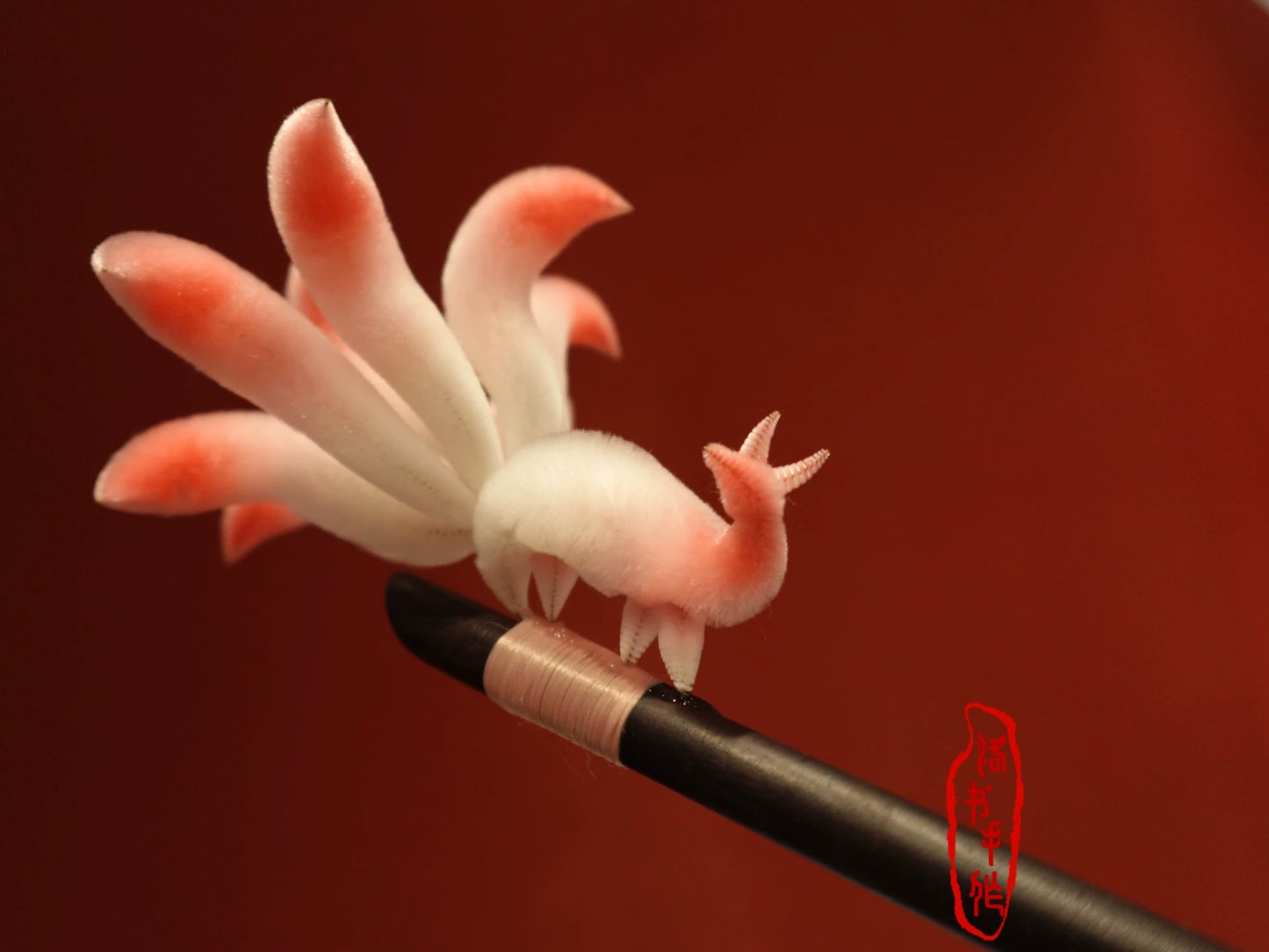 Handmade Ronghua Nine-Tailed Fox Hairpin | White-Pink Mulberry Silk Velvet Fox Spirit
