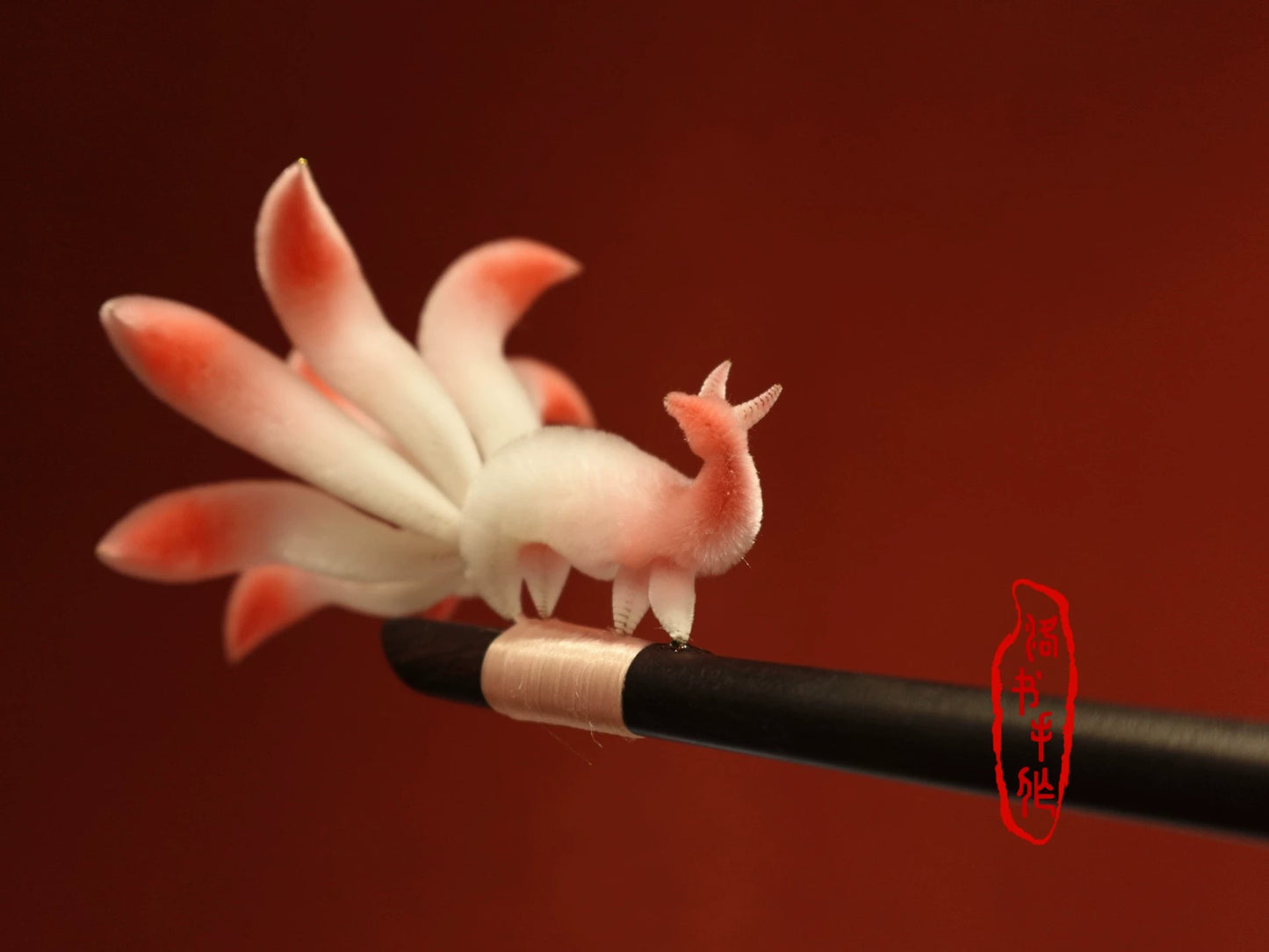 Handmade Ronghua Nine-Tailed Fox Hairpin | White-Pink Mulberry Silk Velvet Fox Spirit