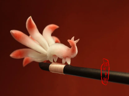Handmade Ronghua Nine-Tailed Fox Hairpin | White-Pink Mulberry Silk Velvet Fox Spirit