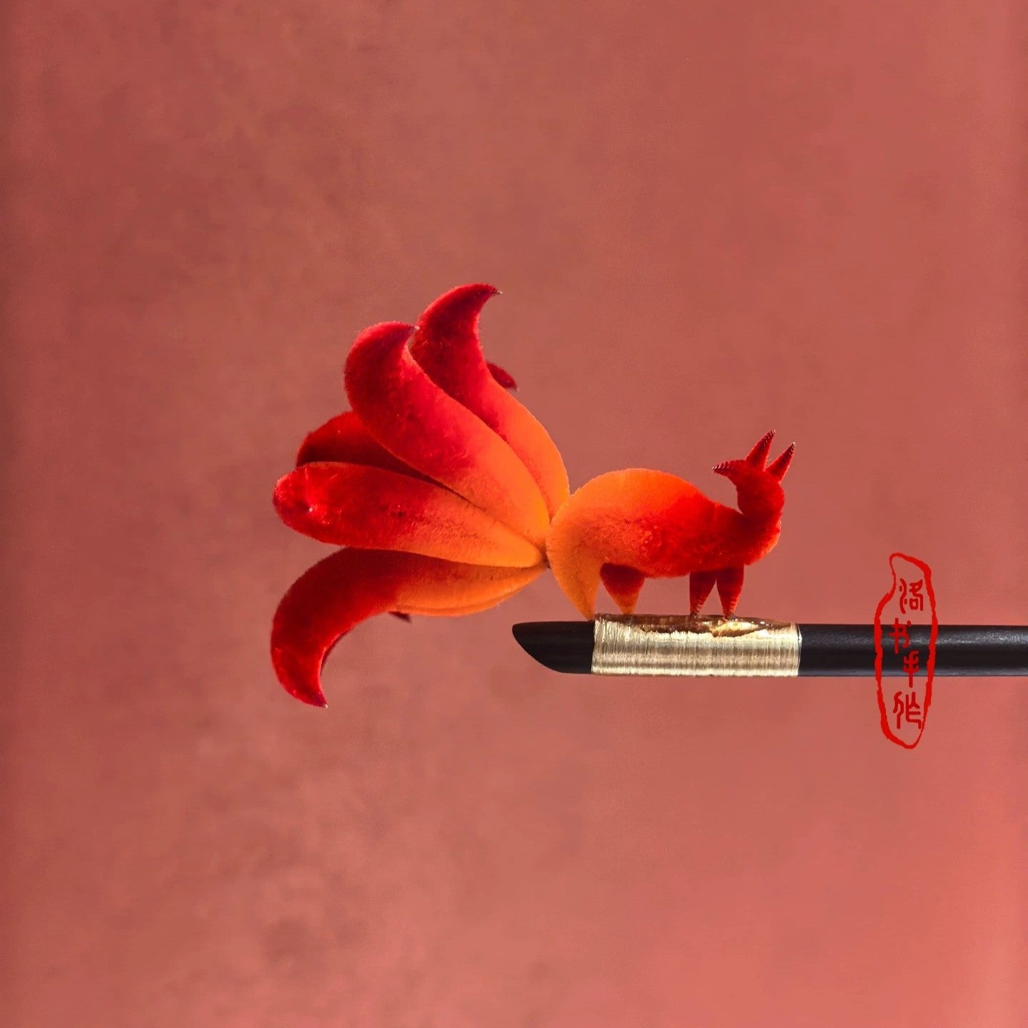 Handmade Ronghua Nine-Tailed Fox Hairpin | White-Pink Mulberry Silk Velvet Fox Spirit