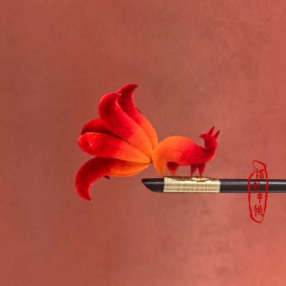 Handmade Ronghua Nine-Tailed Fox Hairpin | White-Pink Mulberry Silk Velvet Fox Spirit