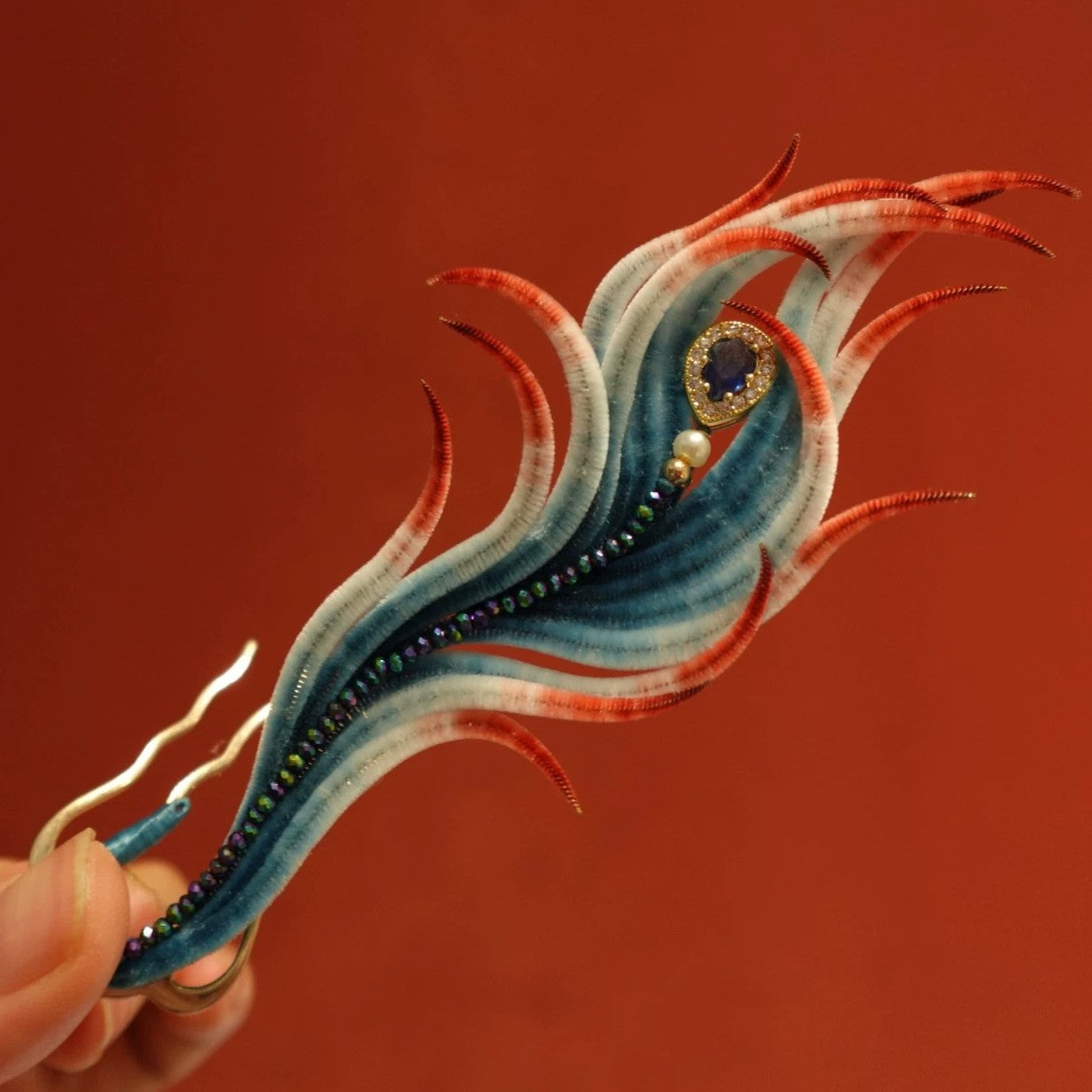 Handmade Ronghua phoenix tail hairpin – blue-white-red mulberry silk velvet feather with crystal and pearl