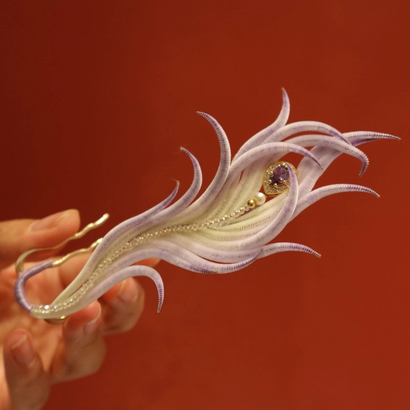 Handmade Ronghua Phoenix Tail Hairpin | Blue-White-Red Mulberry Silk Velvet Feather