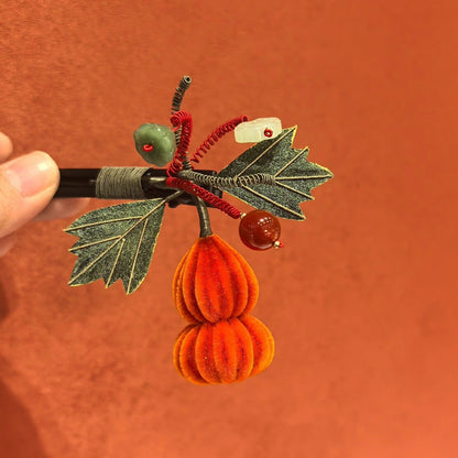 Handmade Ronghua orange gourd hairpin – natural mulberry silk velvet calabash with green leaves