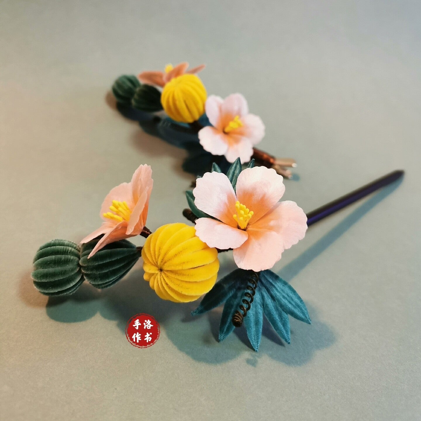 Handmade Ronghua melon and blossom hair clip – yellow mulberry silk velvet fruit with pink flowers