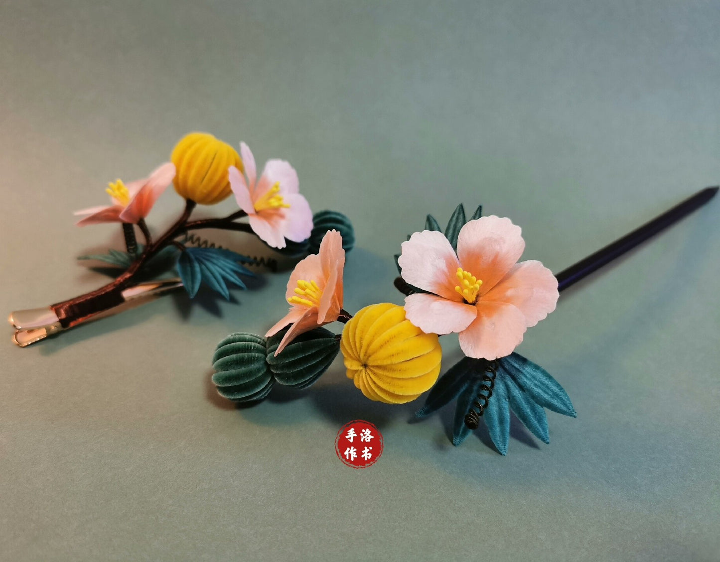 Handmade Ronghua Melon & Blossom Hair Clip | Yellow Mulberry Silk Velvet Fruit and Flower