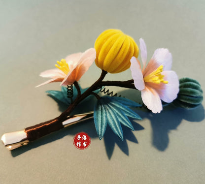 Handmade Ronghua Melon & Blossom Hair Clip | Yellow Mulberry Silk Velvet Fruit and Flower