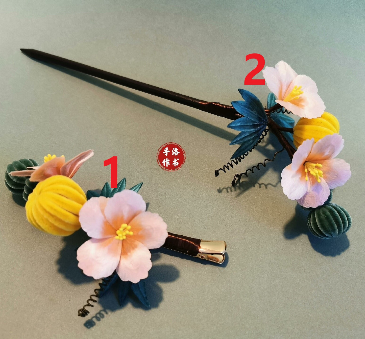 Handmade Ronghua Melon & Blossom Hair Clip | Yellow Mulberry Silk Velvet Fruit and Flower