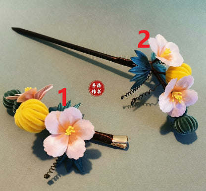 Handmade Ronghua Melon & Blossom Hair Clip | Yellow Mulberry Silk Velvet Fruit and Flower