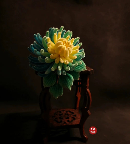 Handmade Ronghua Chrysanthemum Brooch | Yellow-Blue-Green Mulberry Silk Velvet Flower Brooch