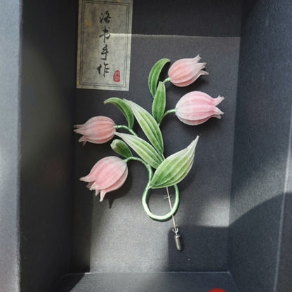 Handmade Ronghua Lily of the Valley Brooch | Pink Mulberry Silk Velvet Bell Flower Brooch