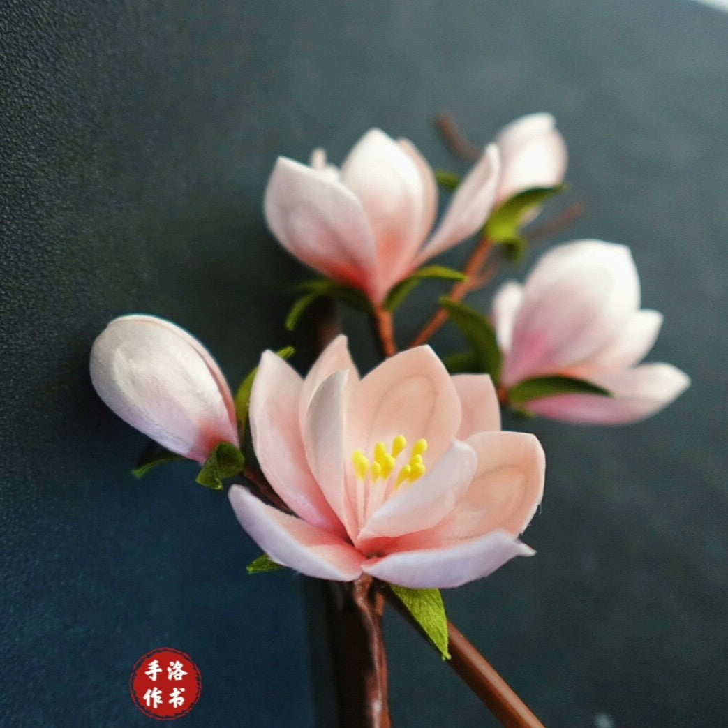 Handmade Ronghua Magnolia Hairpin | Pink-White Mulberry Silk Velvet Yulan Flower