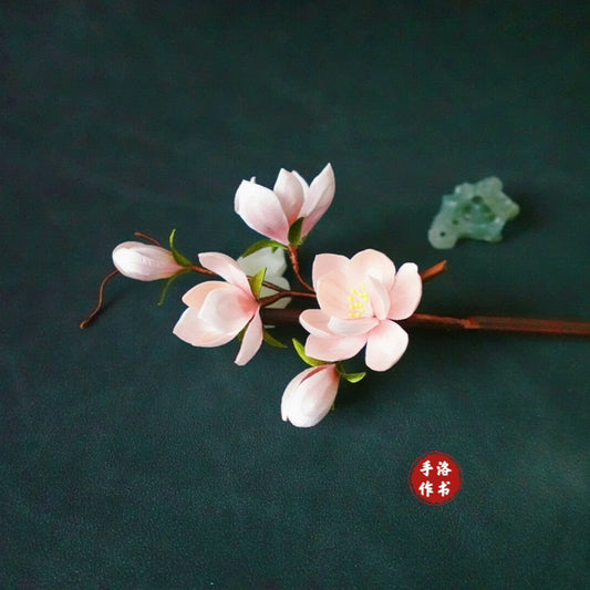 Handmade Ronghua Magnolia Hairpin | Pink-White Mulberry Silk Velvet Yulan Flower