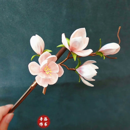 Handmade Ronghua pink-white magnolia hairpin – natural mulberry silk velvet yulan flower branch