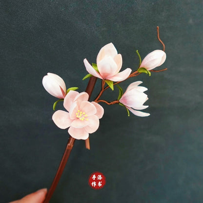 Handmade Ronghua Magnolia Hairpin | Pink-White Mulberry Silk Velvet Yulan Flower