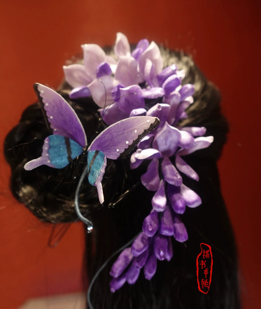 Handmade Ronghua Wisteria & Butterfly Hairpin | Purple Mulberry Silk Velvet Flower Cascade