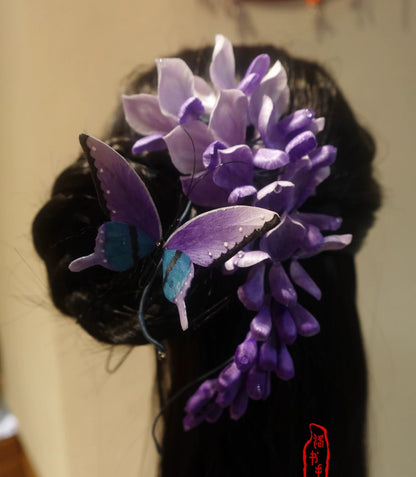 Handmade Ronghua Wisteria & Butterfly Hairpin | Purple Mulberry Silk Velvet Flower Cascade