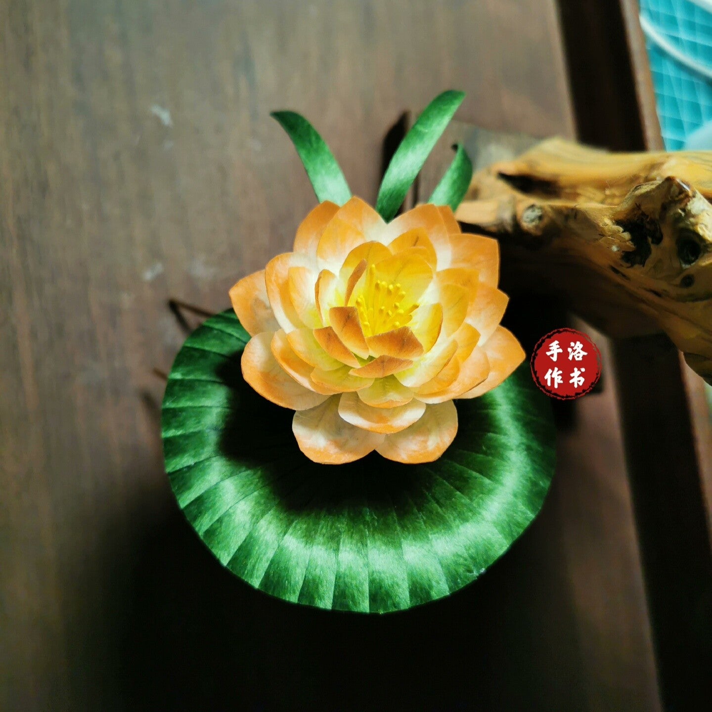 Handmade Ronghua orange lotus hairpin with green leaf – natural mulberry silk velvet flower