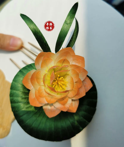 Handmade Ronghua Lotus Hairpin | Orange-Yellow Mulberry Silk Velvet Flower with Leaf