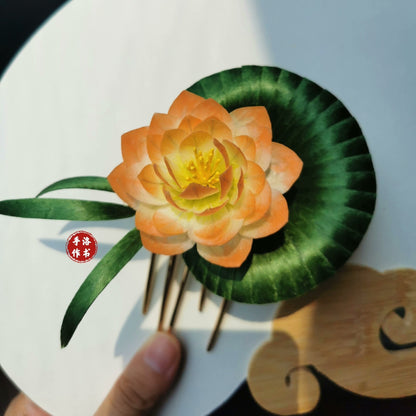 Handmade Ronghua Lotus Hairpin | Orange-Yellow Mulberry Silk Velvet Flower with Leaf