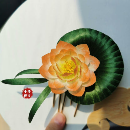 Handmade Ronghua Lotus Hairpin | Orange-Yellow Mulberry Silk Velvet Flower with Leaf