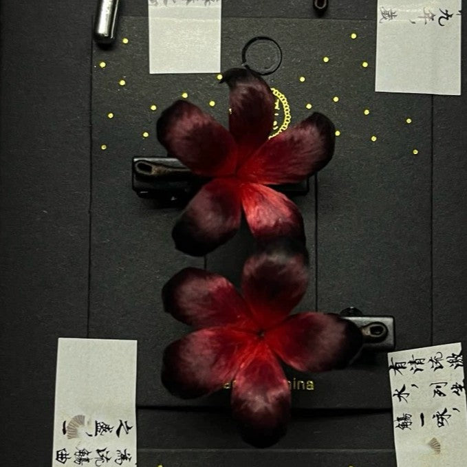 Handmade Ronghua Red-Black Gradient Flower Hair Clips | Mulberry Silk Velvet Double Blossom Clips
