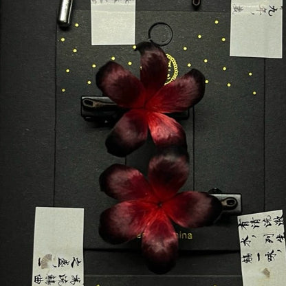 Handmade Ronghua Red-Black Gradient Flower Hair Clips | Mulberry Silk Velvet Double Blossom Clips