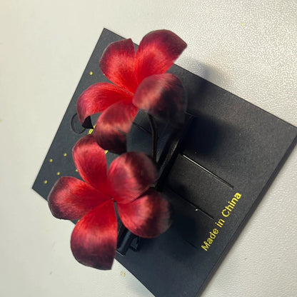 Handmade Ronghua Red-Black Gradient Flower Hair Clips | Mulberry Silk Velvet Double Blossom Clips
